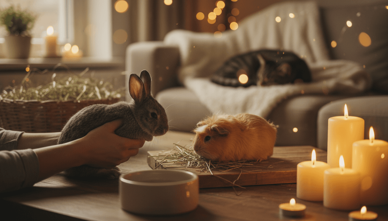 Caregiver gently holding a rabbit with guinea pig and cat nearby in a warm home setting
