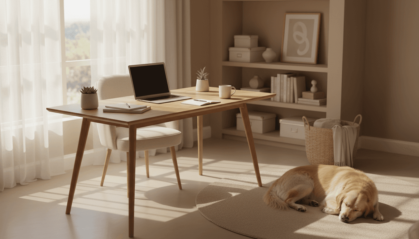 Bright home office workspace with natural light and organized learning materials
