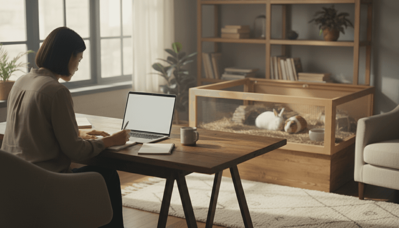Person studying home boarding business materials at a desk with rabbits and guinea pigs nearby