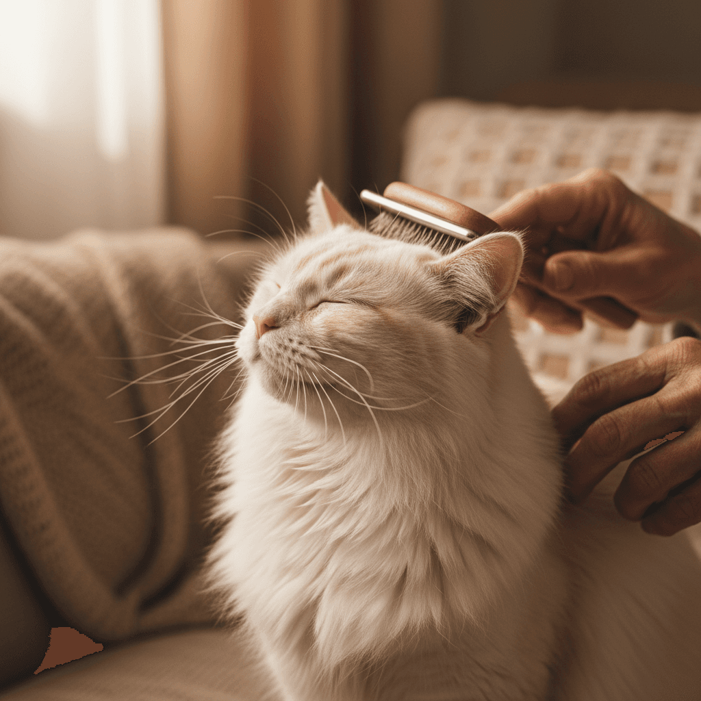 Close-up of weathered hands gently brushing a cream-colored cat's long fur with visible contentment and natural light