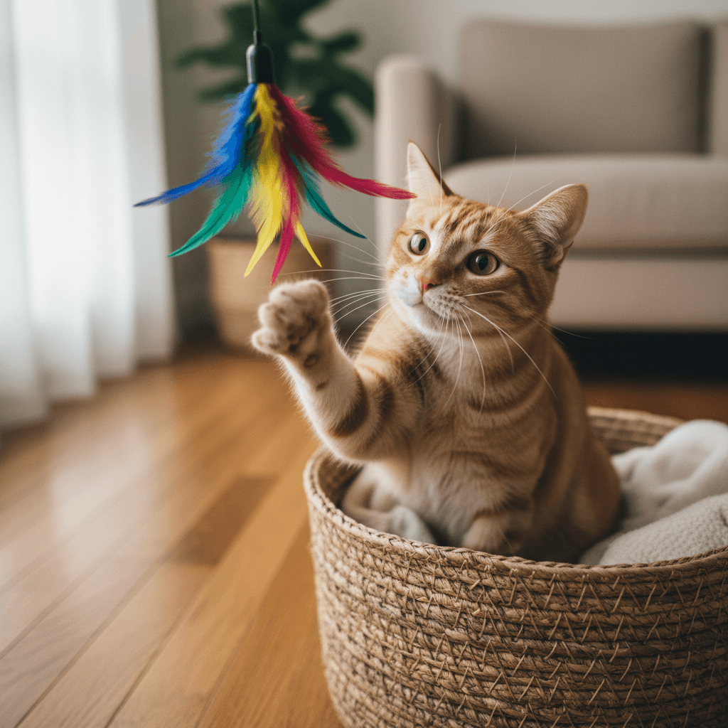 Tabby cat reaching toward colorful feather toy with soft natural window light in cozy home setting