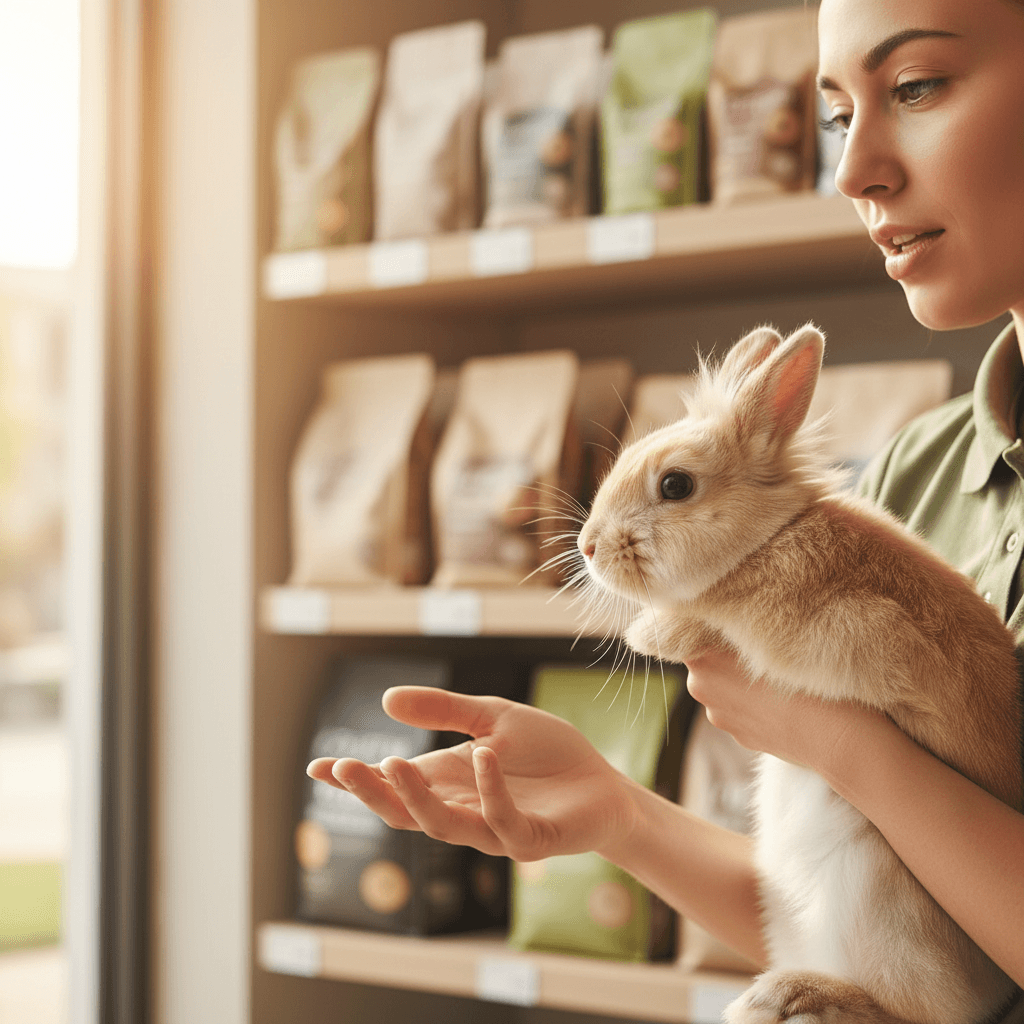 Staff member gently handling rabbit while consulting with customer about premium small animal nutrition and care