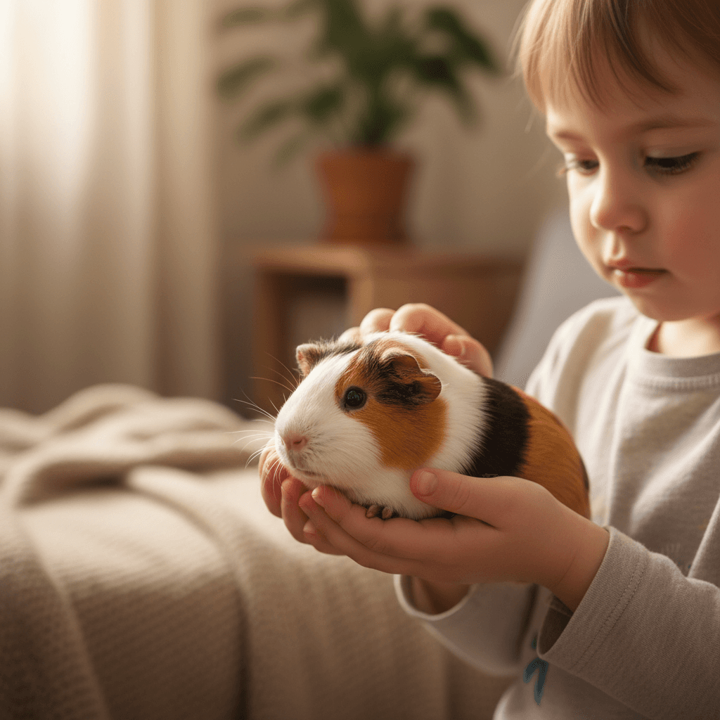 Child's hands gently holding and petting a small guinea pig in soft natural light, showing calm interaction
