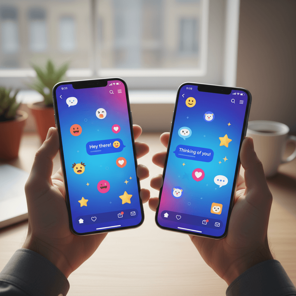 Two hands holding smartphones showing colorful messaging interface with emoji reactions and animated stickers