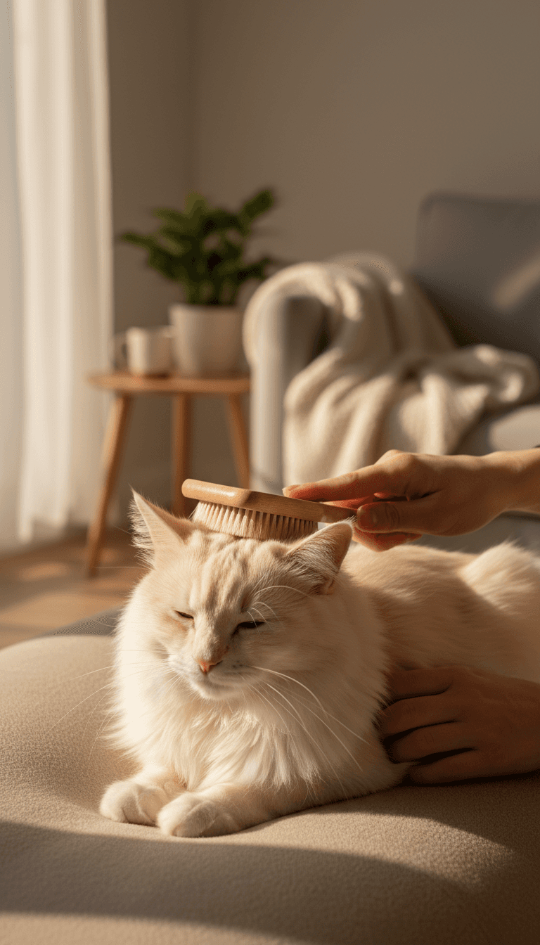 Person gently brushing a relaxed cream-colored cat at home, demonstrating careful grooming with soft-bristled brush