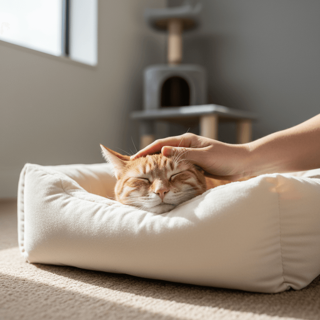Caregiver's hands gently petting a relaxed tabby cat on soft bedding in a comfortable boarding suite