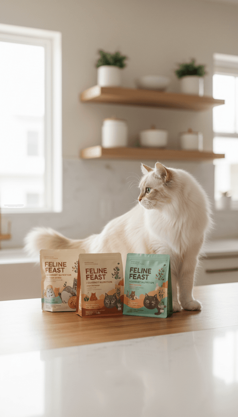Cream long-haired cat standing beside specialty cat food product collection on kitchen counter