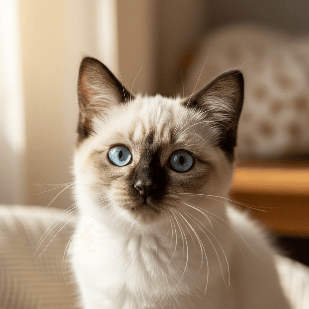 Close-up portrait of purebred kitten with striking blue eyes and colorpoint markings in soft natural light